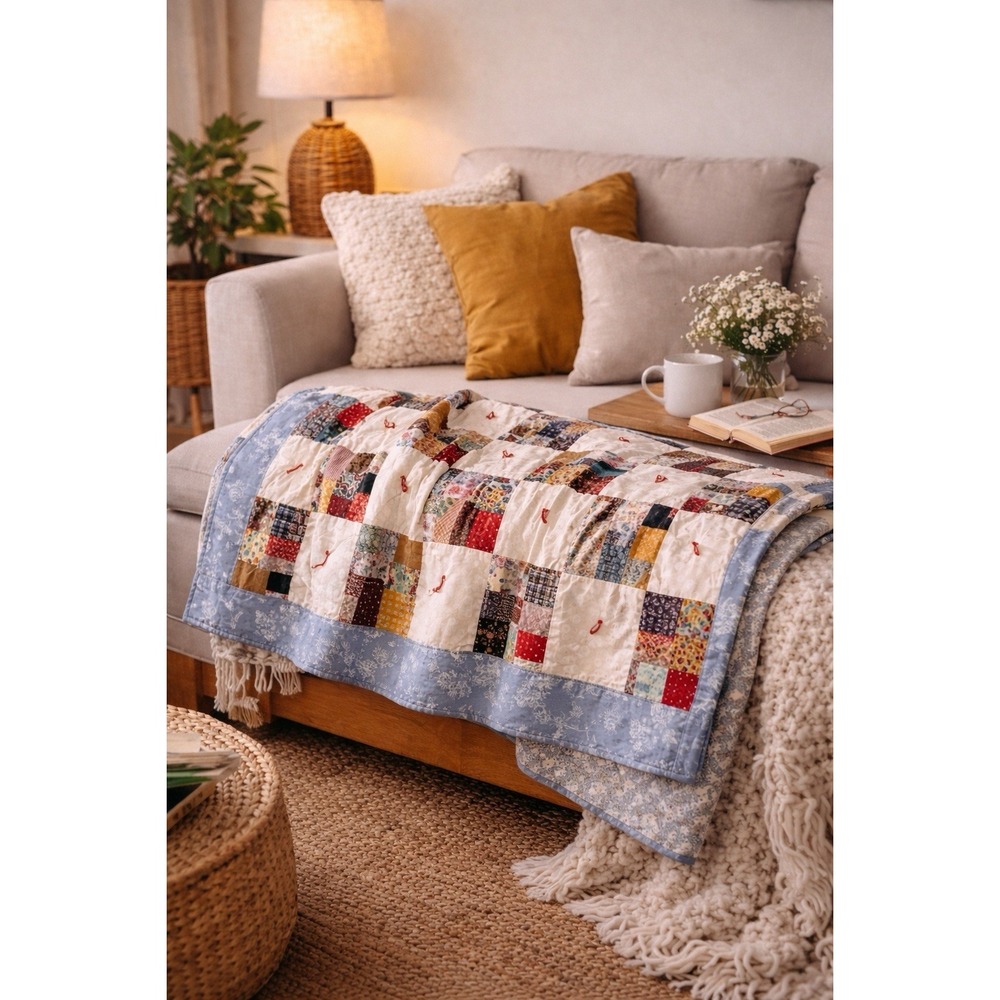Handmade Patchwork Quilt Twin 64x96 Cottagecore Vintage Farmhouse Throw Blanket